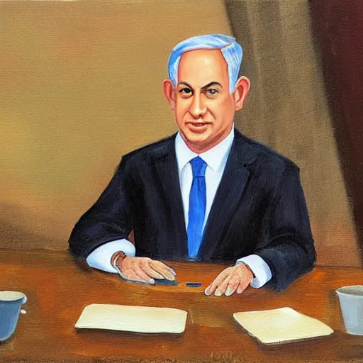 Image similar to benjamin netanyahu sir on table and talk on his phone. painting