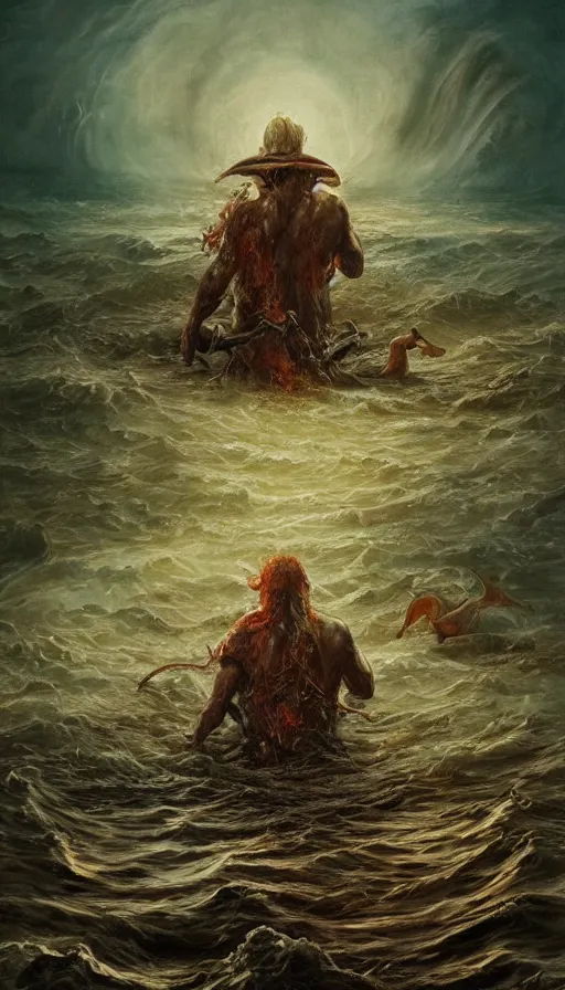 Image similar to man on boat crossing a body of water in hell with creatures in the water, sea of souls, by sam spratt