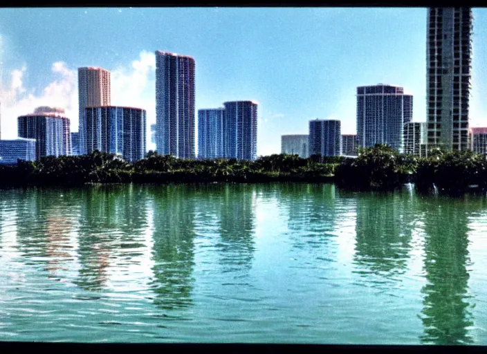 Prompt: retro color photo of a miami city skyline in the 8 0's. reflections in the water. boats in the water