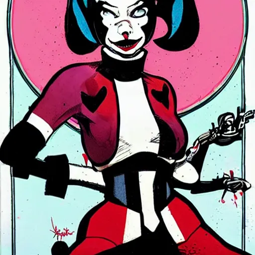 Image similar to Harley Quinn, artwork by Jamie Hewlett,