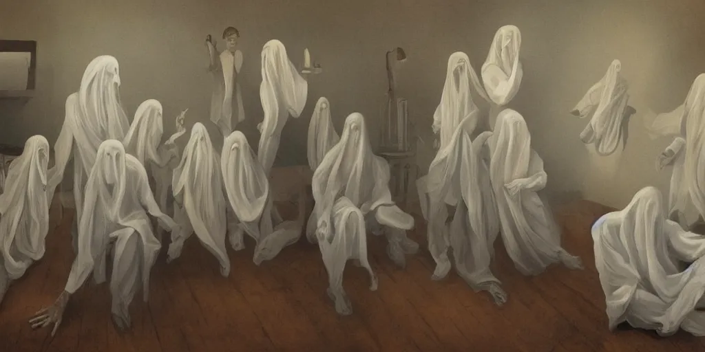 Prompt: surreal painting of ghosts in a room