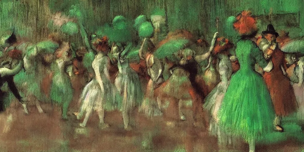 Image similar to tall terrifying green aliens sitting in a circle. in the victorian era. in the style of an impressionist painting. edgar degas