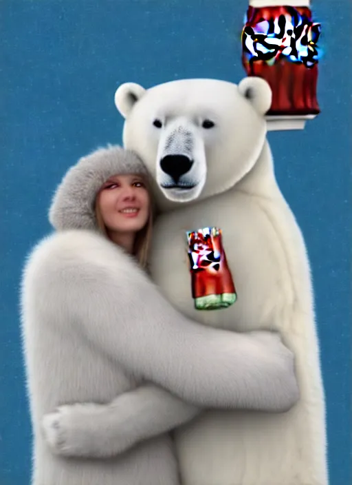 Image similar to polar bear hugging an eskimo while drinking a coca cola 8 k masterpiece