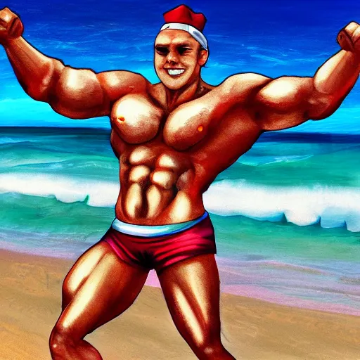 Prompt: muscular pizza man, beach background