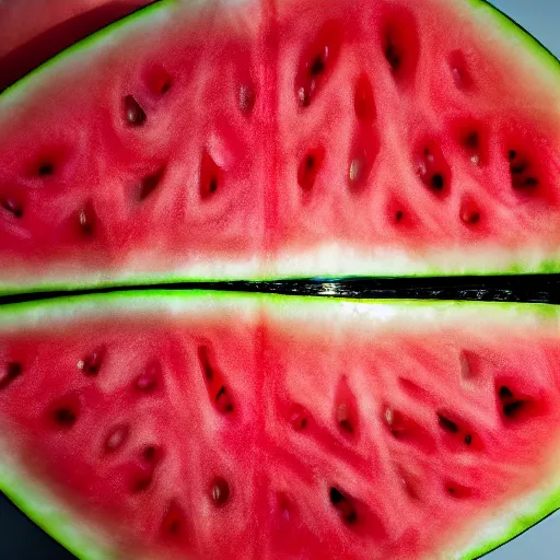 Prompt: extreme close up of a jagged piece of ripe seeded watermelon, dim iridescence, 4K, HD, octane render