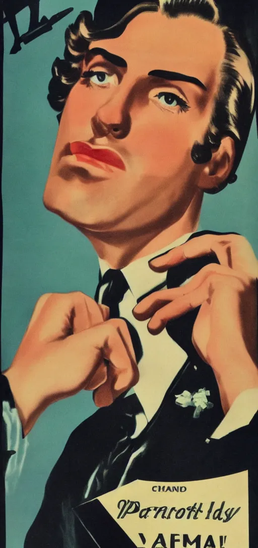 Image similar to portrait of a glamorous man with upset gesture, 1940s propaganda poster, full hd,highly detailed