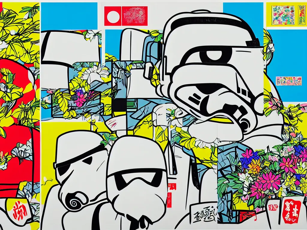 Image similar to hyperrealistic composition of the japanese home with a garden, stormtrooper in hot springs, pop - art style, jacky tsai style, andy warhol style, roy lichtenstein style, pastel palette, acrylic on canvas