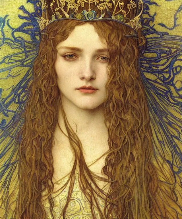 Image similar to detailed realistic beautiful young medieval queen face portrait by jean delville, alphonse mucha, vincent van gogh, and marco mazzoni, art nouveau, symbolist, visionary, gothic, pre - raphaelite