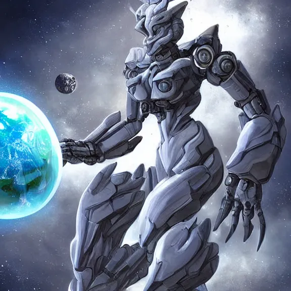 Image similar to giant stunning goddess shot, galactic sized beautiful hot anthropomorphic robot mecha female dragon, floating alone in space, larger than the planet, holding the earth, the earth a mere marble in her hand, detailed sleek silver armor, sharp claws, epic proportions, epic scale, highly detailed digital art, sci fi, furry art, macro art, dragon art, goddess art, warframe fanart, destiny fanart, anthro, furry, giantess, macro, furaffinity, deviantart, 8k 3D realism