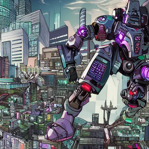 Prompt: cybernetic power armor running at an angle through a city, manga, vivid colors, highly detailed and technical