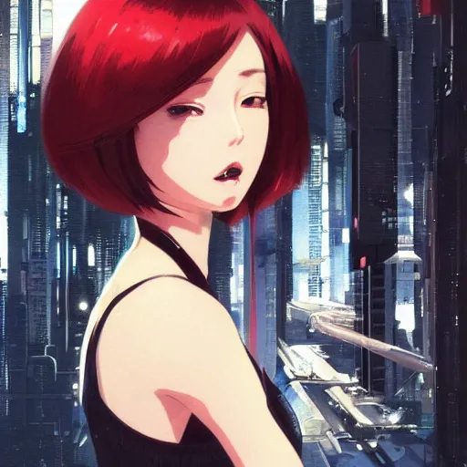 Image similar to A beautiful cyborg woman with big and cute eyes || VERY ANIME, fine-face, red and black robotic parts, realistic shaded perfect face, fine details. Anime. realistic shaded lighting poster by Ilya Kuvshinov katsuhiro otomo ghost-in-the-shell, magali villeneuve, artgerm, Jeremy Lipkin and Michael Garmash, Rob Rey and Kentarõ Miura style, trending on art station