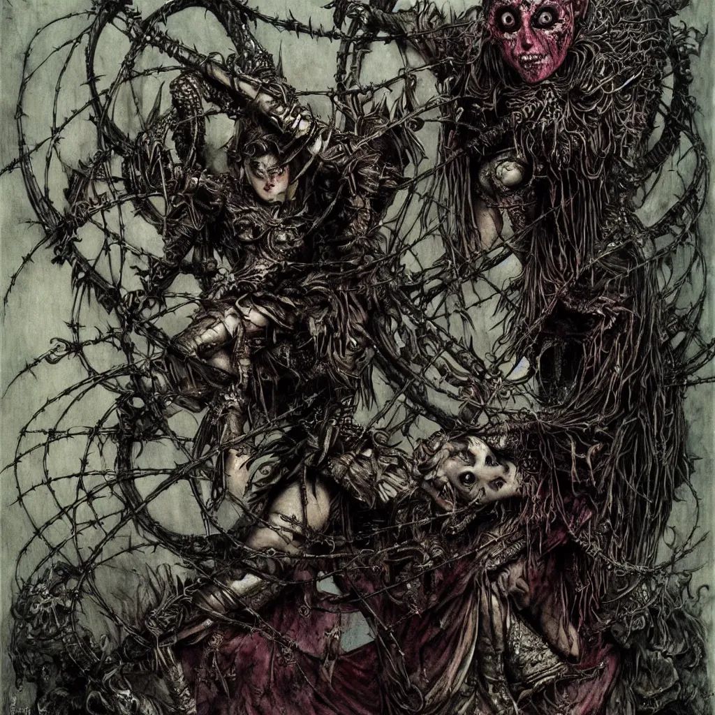 Image similar to a creepy armored horned fanged ballerina with black scarred skin wrapped in barbed wire. extremely high detail, realistic, fantasy art, solo, masterpiece, saturated colors, art by arthur rackham, dariusz zawadzki. black metal cover art