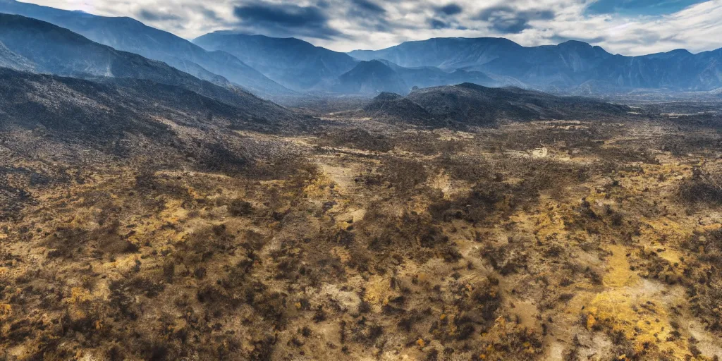 Prompt: drone shot photo of a landscape with mountains and acanyon, wallpaper, very very wide shot, national geographic, award landscape photography, professional landscape photography, sunny, day time, beautiful