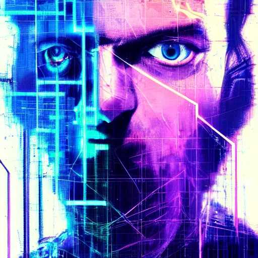 Image similar to hyperrealistic portrait of a cyberpunk character, adult man, long hair, by Guy Denning, Johannes Itten, Derek Gores, Russ Mills, glitch art, fine detail, polished, computation, complex, hacking effects, holographic, digital tech effects, blue and violet, color blocking!, realistic, acrylic on canvas, concept art, abstract!, symmetrical, 8k, concept art, octane, photorealistic, cgsociety, trending on artstation