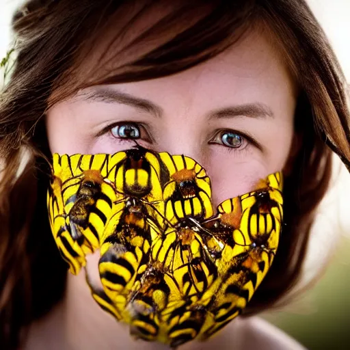 Prompt: photo portrait of a woman's face covered in killer - bees