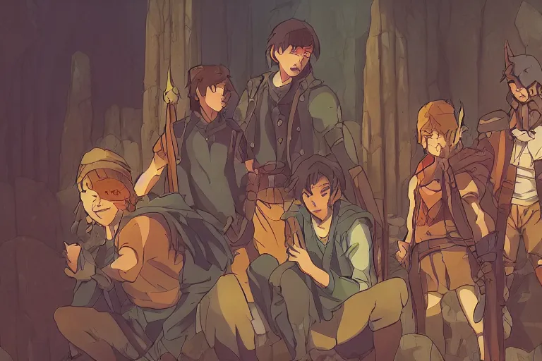 Image similar to cell shaded key visual of a group of adventurers in a dungeon, dramatic lighting, in the style of studio ghibli, moebius, makoto shinkai,