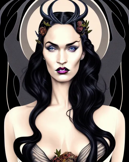 Image similar to new art nouveau portrait of fantasy succubus megan fox wearing a black gown in the style of anna dittmann, patrick nagle, charlie bowater and loish. long windblown hair, very large, clear, expressive, and intelligent eyes. symmetrical, centered, ultrasharp focus, dramatic lighting, photorealistic digital matte painting, intricate ultra detailed background.