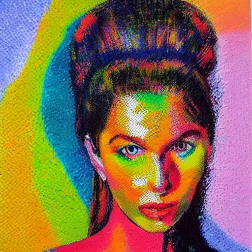 Image similar to oil on canvas, vivid colours, portrait of a beautiful woman, very impressionistic, abstract, pointillism, it is painted really roughly