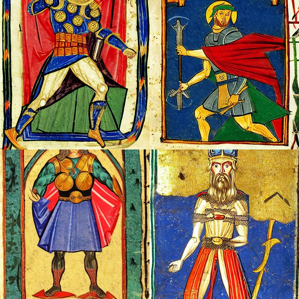 Prompt: medieval illuminated manuscript image of thor