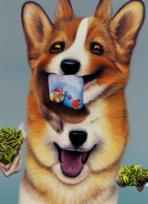 Image similar to beautiful portrait painting of corgi getting high on cannabis, by Afarin Sajedi, Alessandro Barbucci, Alex Gross, Shin Jeongho, Shohei Otomo. trending on Artstation, 8k, masterpiece, face enhance, graffiti paint, fine detail, full of color, intricate detail, golden ratio illustration