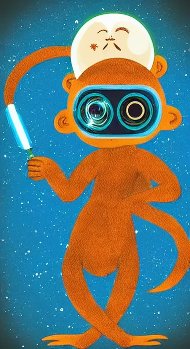 Image similar to “ small monkey with laser gun in large empty space, digital art, super aesthetic, art station children drawing style, award winning ”