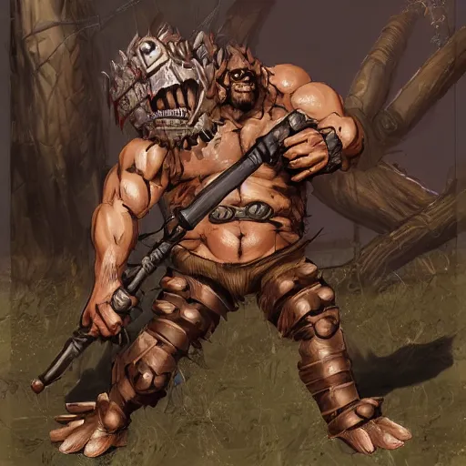 Prompt: raging armored bugbear wielding rusty cleaver grappling gnoll wayne reynolds