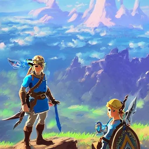 Image similar to oil painting of zelda breath of the wild, mountain in the background. beautiful, rpg, dnd, artgerm, disney, pixar