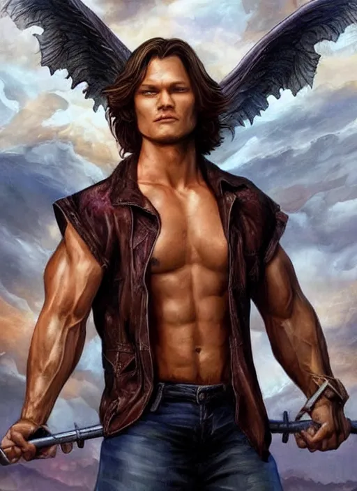 Image similar to beautiful! Sam Winchester as a muscular angel starring a urban fantasy romance book cover, D&D!, fantasy style, sharp focus!, ultra detailed, art by Artgerm and Peter Andrew Jones, WLUP