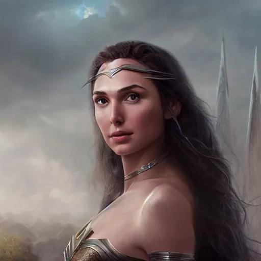 Image similar to An enchanting portrait of Gal Gadot as Galadriel, evening, detailed matte painting, cinematic, Alan Lee, Artstation