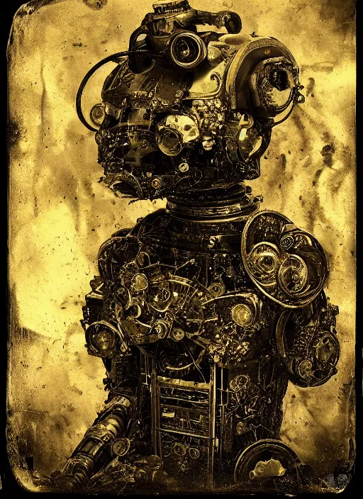 Image similar to old wetplate daguerreotype portrait of futuristic robot on fire, explosion of data fragments, fractal, intricate, elegant, highly detailed, parallax, leica, medium format, subsurface scattering, by jheronimus bosch and greg rutkowski and louis jacques mande daguerre