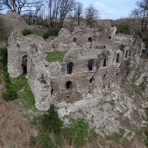 Prompt: ruined fortification. ruins of an ancient fortification. untold riches may lie within