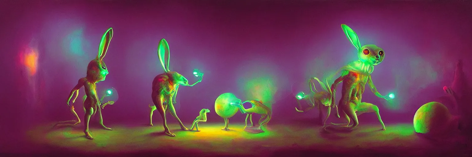 Prompt: strange alien bunny creatures made from brain matter and ceramic konenberg from the depths of the collective unconscious, dramatic lighting, surreal darkly colorful painting by ronny khalil