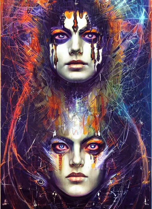 Prompt: enlightened cult psychic woman, symmetrical painted face, third eye, energetic consciousness psychedelic scene, epic surrealism expressionism symbolism, story telling, iconic, dark robed, oil painting, dark myth mythos, by Sandra Chevrier , Bruce Pennington, masterpiece