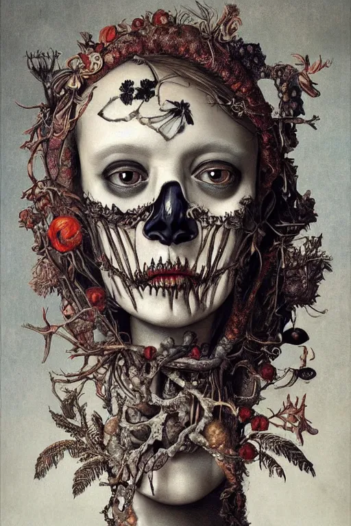 Image similar to Detailed maximalist portrait with large lips and eyes, scared, botanical skeletal with extra flesh, HD mixed media, 3D collage, highly detailed and intricate, surreal illustration in the style of Caravaggio, dark art, baroque