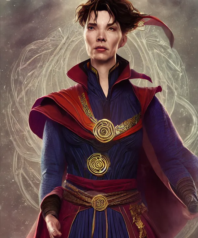 Image similar to woman doctor strange, au naturel, hyper detailed, digital art, trending in artstation, cinematic lighting, studio quality, smooth render, unreal engine 5 rendered, octane rendered, art style by klimt and nixeu and ian sprigger and wlop and krenz cushart