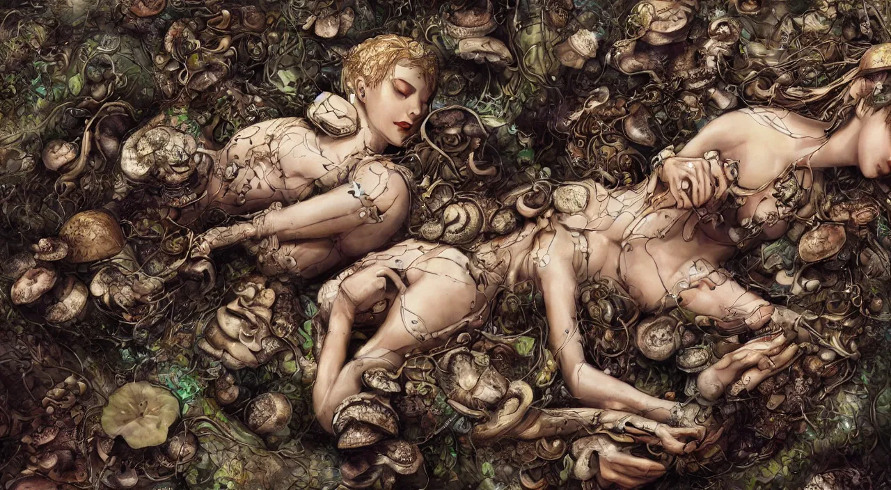 Prompt: a bio - mechanical pretty sleeping giant woman with mushrooms as camouflage highly detailed, cinematic, perfect face, cyberpunk, fine details, studio lighting, subtle shadows, art by katsuya terada, photo - realism, hyper realism, octane render