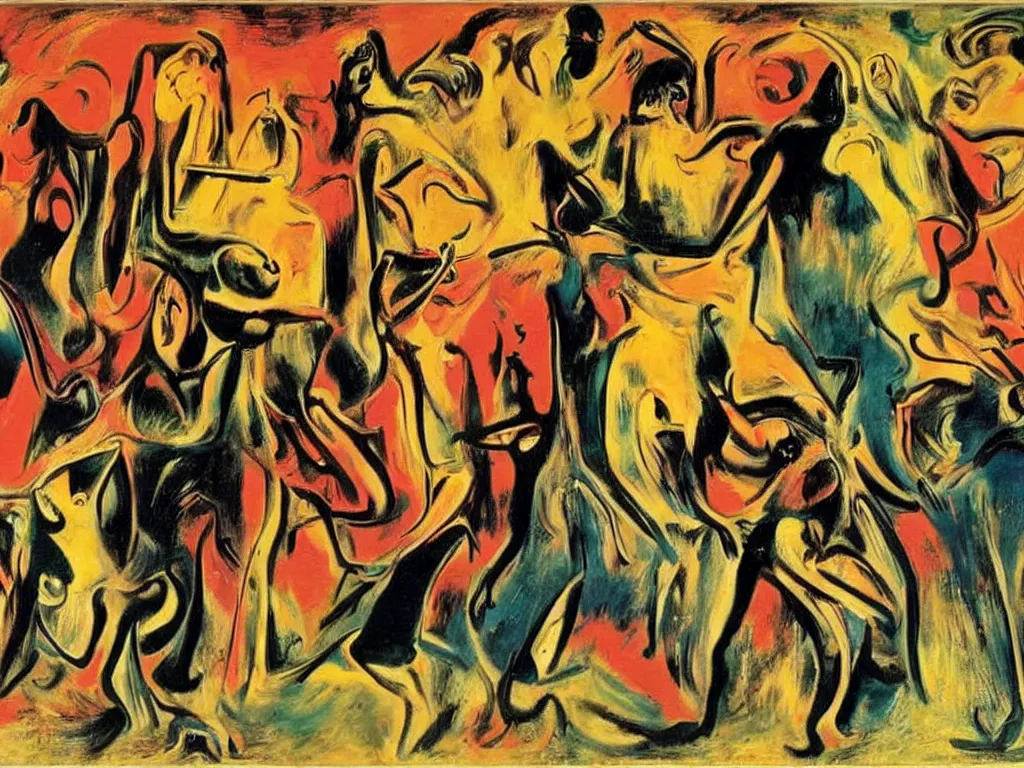 Image similar to surreal, tribal dance, art by willem de kooning, dali