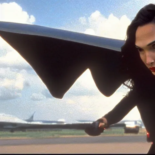 Image similar to gal gadot flying next to a plane in american psycho ( 1 9 9 9 )