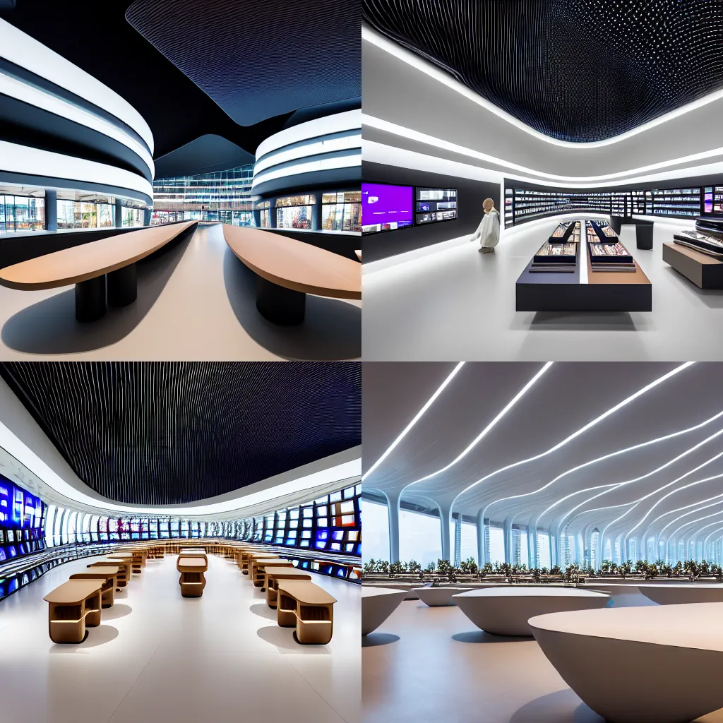 Prompt: (2050s Microsoft bulbous Zaha Hadid retail interior. Mobile phones. large oak tables, empty stools, fragrant plants, large digital screens) muted palette, architectural photography, wide shot, XF IQ4, 14mm, f/1.4, ISO 200, 1/160s, 8K, RAW, unedited, symmetrical balance