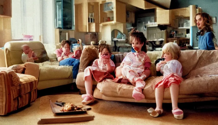 Image similar to 1990s candid 35mm photo of a beautiful day in the family kitchen , cinematic lighting, cinematic look, golden hour, Nintendo's Kirby is eating the family sofa, kids are crying, the Sofa is in Kirby's mouth, UHD