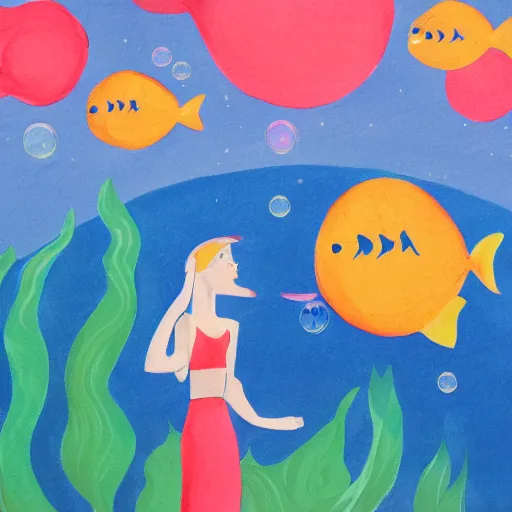 Prompt: young woman dreaming of bubbles and fish, concept art, gouache