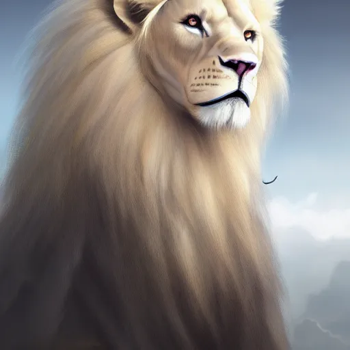Image similar to a beautfiul aesthetic commission portrait of a anthro albino lion looking at the sky worried,attractive beautiful face,detailes face,expression,natural lighting,fantasy art,deviantart,artstation,character design by charles bowater,ross tran,4k,photorealistic,highly realistic,unreal emgine 5