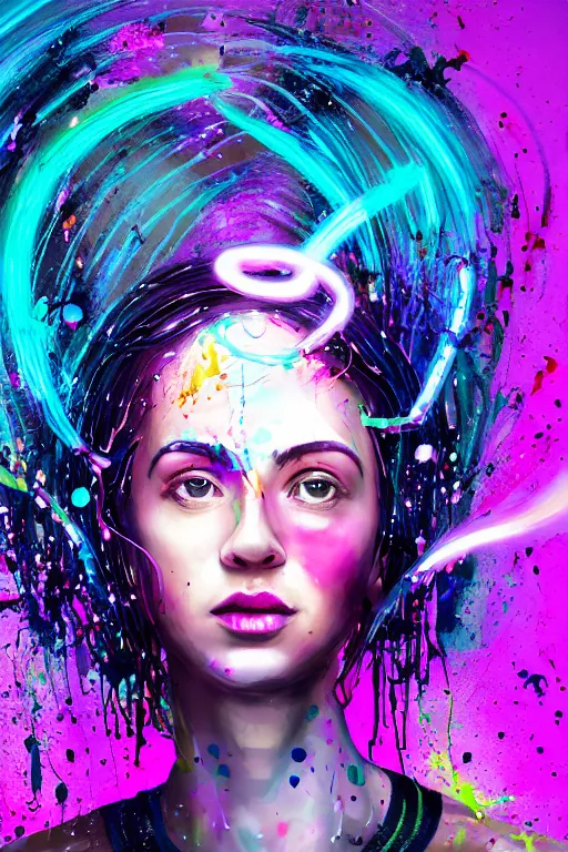 Image similar to a award winning half body portrait of a beautiful woman in a croptop and cargo pants with ombre purple pink teal hairstyle and hands in pockets by ari liloan, surrounded by whirling illuminated lines, paint splashes and splatter, outrun, vaporware, shaded flat illustration, digital art, trending on artstation, highly detailed, fine detail, intricate