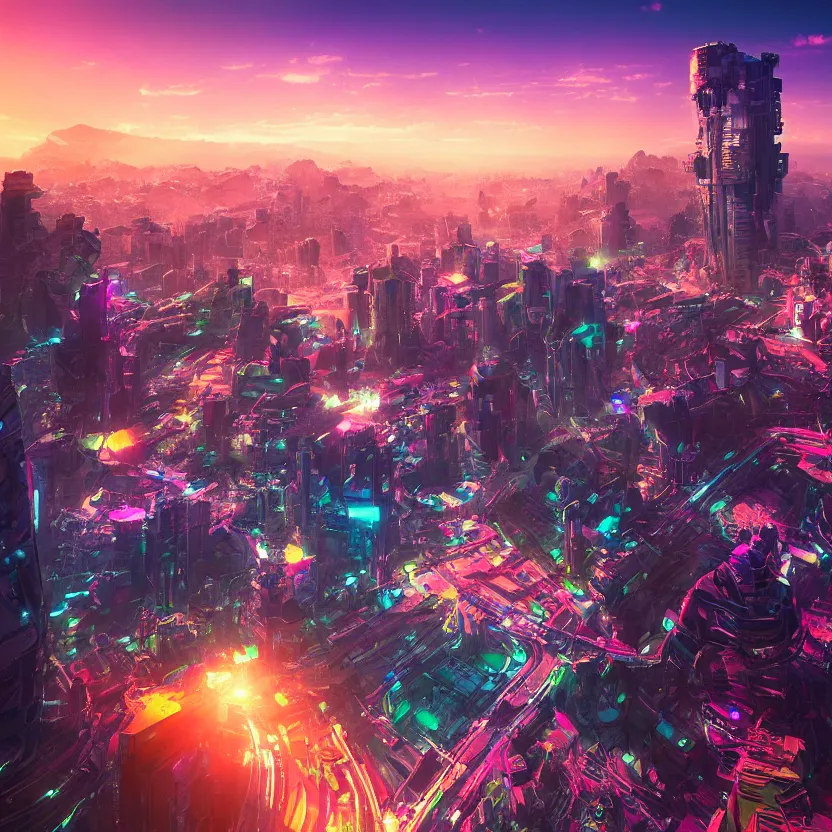 Prompt: An ultra-high resolution photograph of a colorful sci-fi fututistic city, sunrise, by Yoshitaka Amano and Alena Aenami, Trending on Artstation, nvidia, matte painting, unreal engine