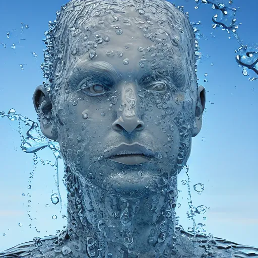 Image similar to a sculpture made out of water in the shape of a human head, on the ocean water, water manipulation, cinematic, in the style of johnson tsang, long shot, hyper detailed, hyper realistic, ray tracing, 8 k resolution, sharp focus, realistic water, award winning