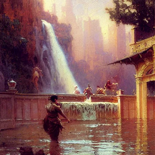 Image similar to waterfall flooding an entire city. victorian age. highly detailed painting by gaston bussiere, craig mullins, j. c. leyendecker