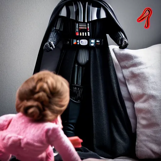 Prompt: darth vader playing with female dolls in his room, photorealistic image