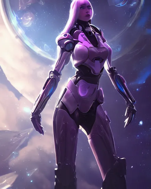 Image similar to perfect android girl on a mothership, warframe armor, beautiful face, scifi, futuristic, galaxy, nebula, raytracing, dreamy, long white hair, blue cyborg eyes, sharp focus, cinematic lighting, highly detailed, artstation, divine, by gauthier leblanc, kazuya takahashi, huifeng huang