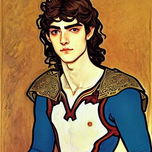 Image similar to portrait painting of young handsome beautiful paladin elf!! man with long! wavy dark hair and blue eyes in his 2 0 s named taehyung minjun james, pale, wearing armor!, gorgeous hair, elf ears, icy eyes, elegant, cute, delicate, soft facial features, art by alphonse mucha, vincent van gogh, egon schiele,