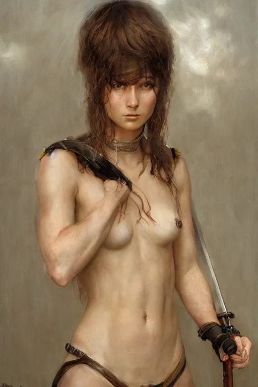 Prompt: an upper body portrait of a female knight, oil painting, by ross tran and and Edgar Maxence and julie bell